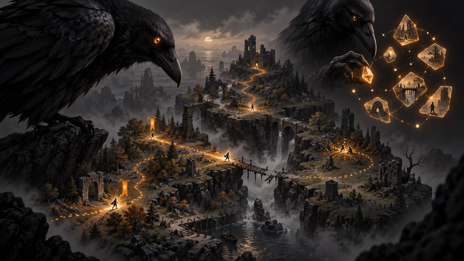 Two ravens watch players follow amber paths through a ruined game world, gathering fragments into a constellation.