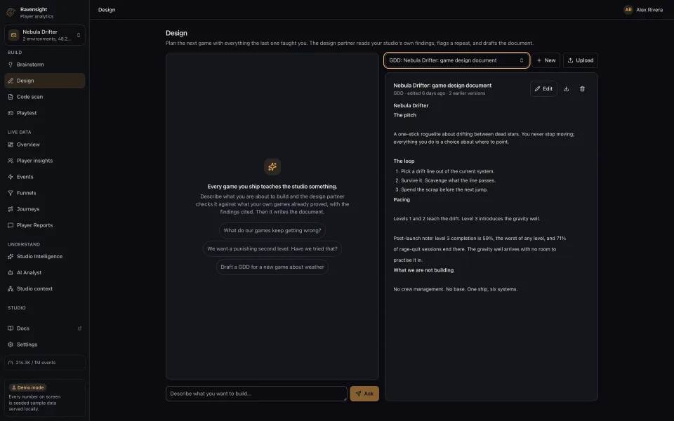 The Design page with a design document opened from the picker, its markdown on the left and the studio chat panel beside it