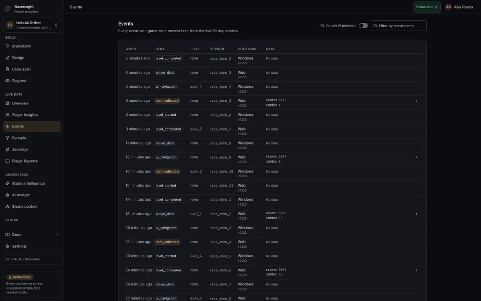 The Events page listing raw game events newest first, with the event-name filter above the table and the pager below it