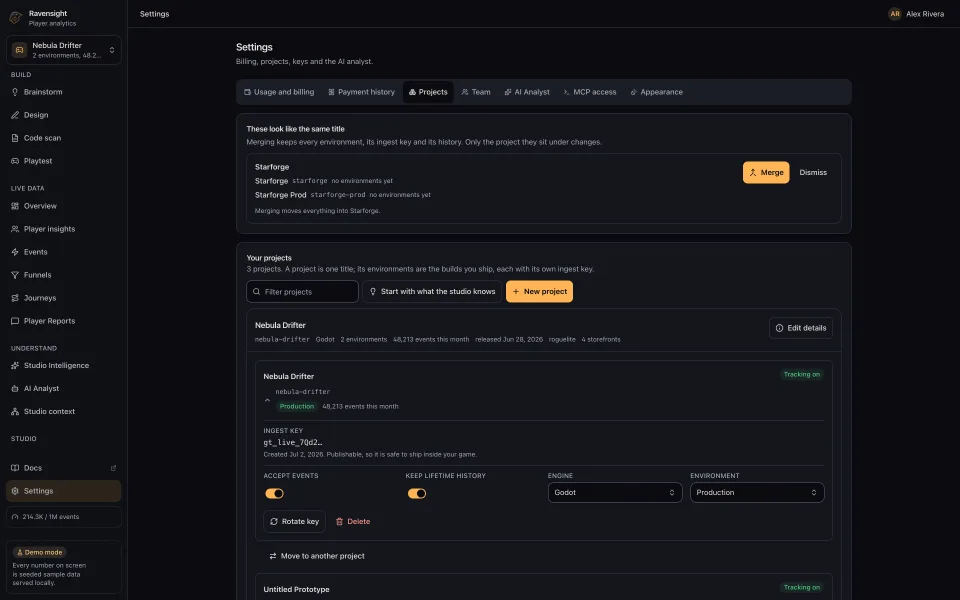The Projects tab in Settings, listing each project with its environments underneath, and the controls to rename a project, add an environment, move one between projects or act on a merge proposal