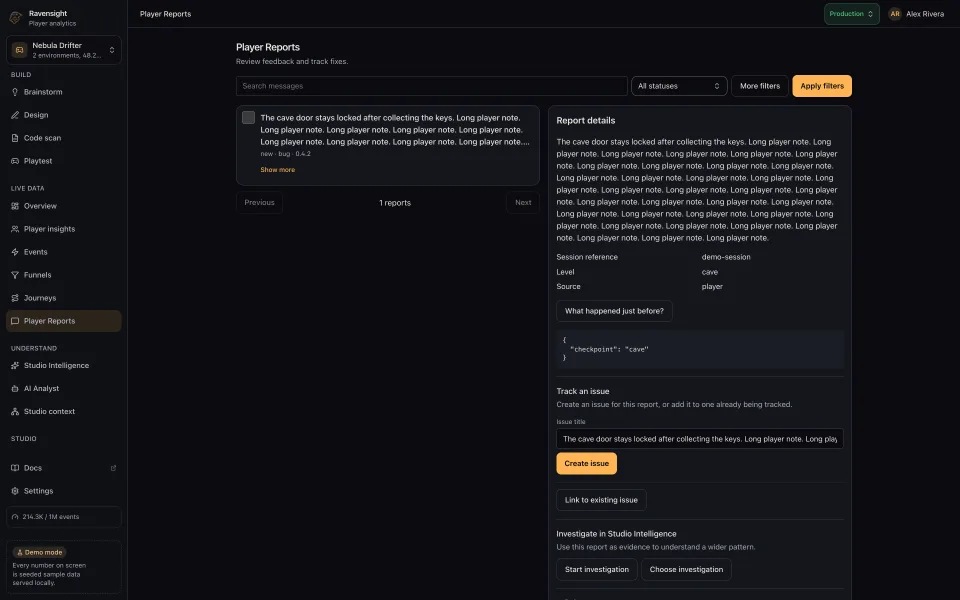 The Player Reports page with one report opened: the list on the left, and the detail pane showing the submitted screenshot, the player’s message and the issue-tracking controls
