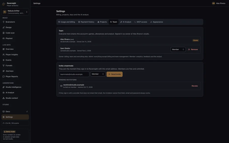 The Team settings page listing studio members by role, with an invite by email waiting to be accepted